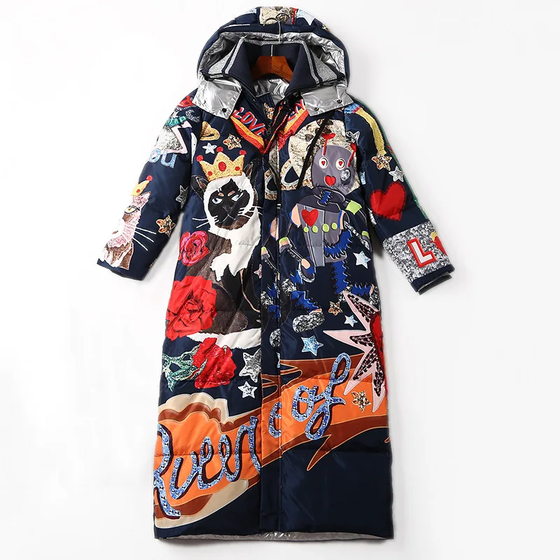 Goedkoop Hoge kwaliteit 2019 nieuwe Temperament Mode Losse parka Print Vintage X Lange vrouwen down winter Warme jasje Vrouwelijke overjas