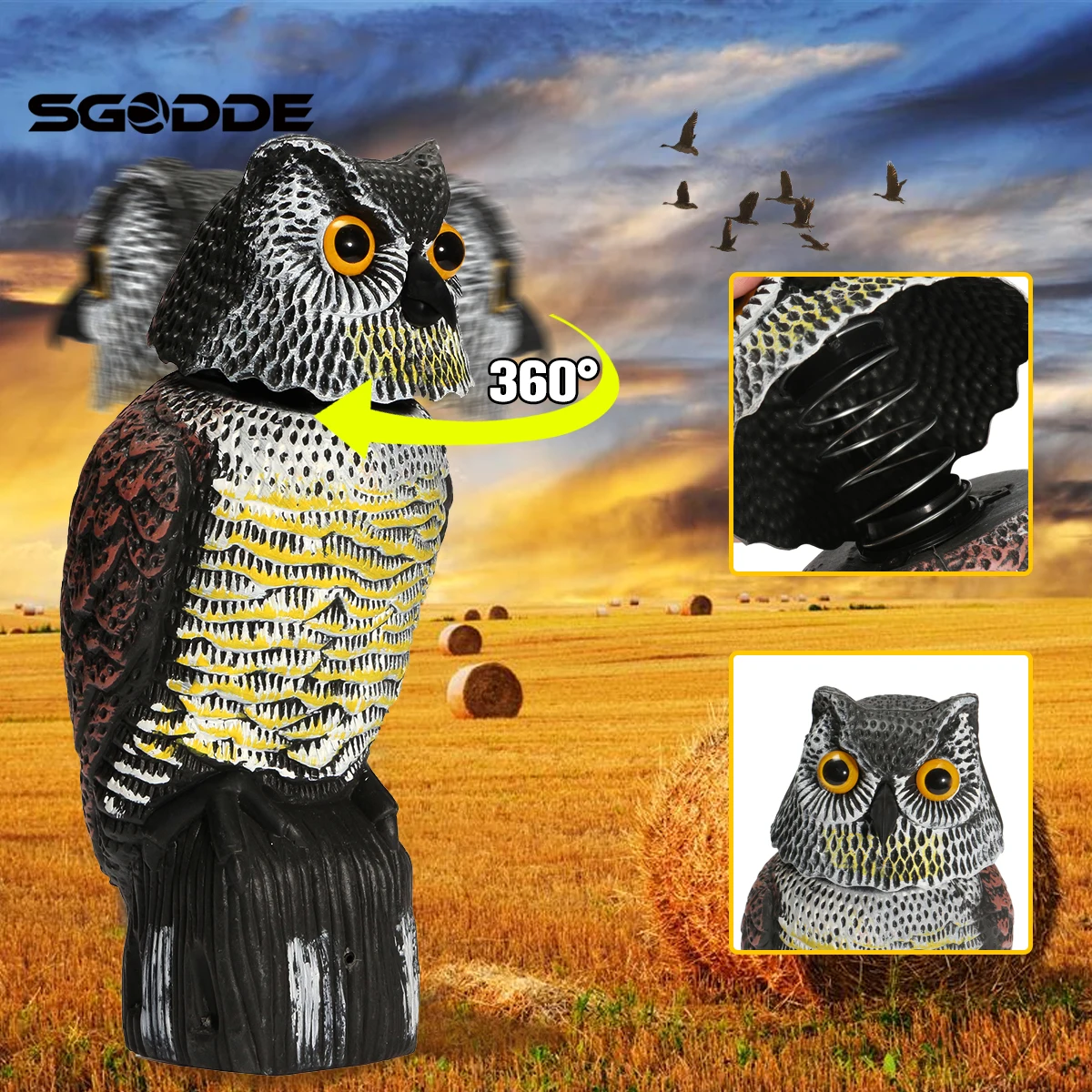 

Hunting Ornament Realistic Plastic Owl Decoys With Rotating Head Good Tackle Crow Bird Scarer Scarecrow car garden docoration
