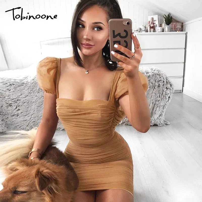 

Tobinoone Sexy Clubwear Strapless Transparent Mesh Dress Women Bodycon Pleated Sheath Dress Solid See Through Mini Party Dress