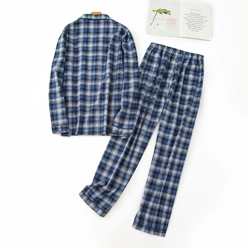 BZEL/пижамный комплект с длинными рукавами; Хлопковая мужская одежда для сна; клетчатая Пижама с отложным воротником; домашняя одежда; топы+ брюки; Пижама для мужчин; комплект из 2 предметов