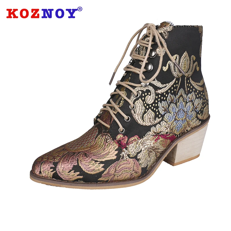 

Koznoy Women Boots Autumn Winter New Retro Satin Embroidery Dropshipping High Heel Thick Pointed Lace Large Size Women Boots