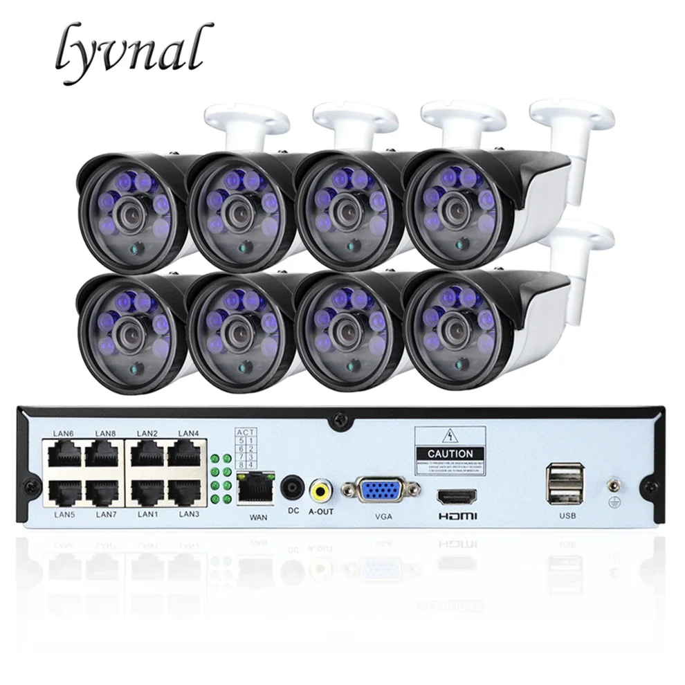 

LYVNAL 8CH POE NVR plug and play h.265 5mp ip camera poe 48V Surveillance camera poe kit outdoor ip66 p2p onvif 8ch poe system