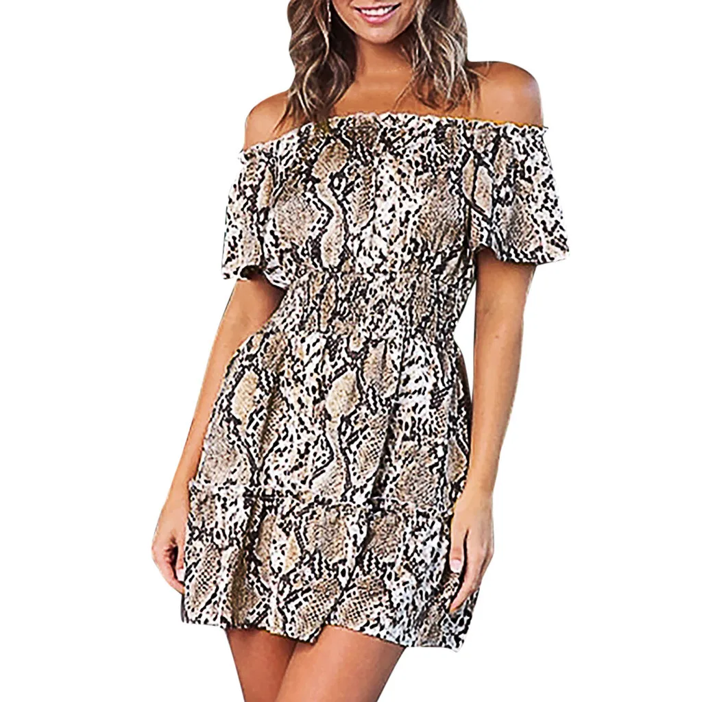

Fashion Women Casual Short Sleeve Snake print Off Shoulder Ruffles Mini Dress