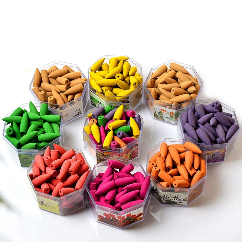 

70Pcs Mixed Backflow Incense Cones Home Fragrance Reflux Incense Lavender Jasmine Green Tea Sandalwood Colored Smoke