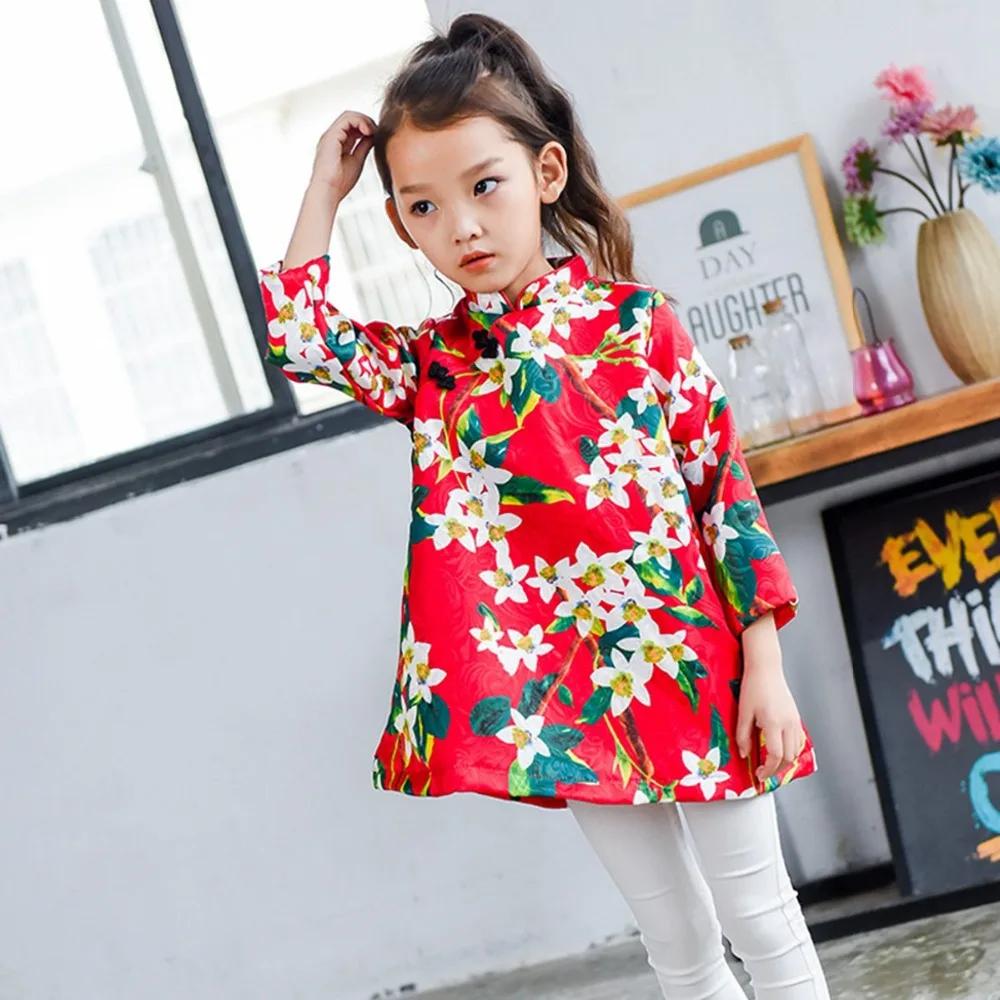 Fashion Children s Kids Baby Floral Vintage Long Sleeved Princess Girls Tang Costume Chinese Cheongsam Doll