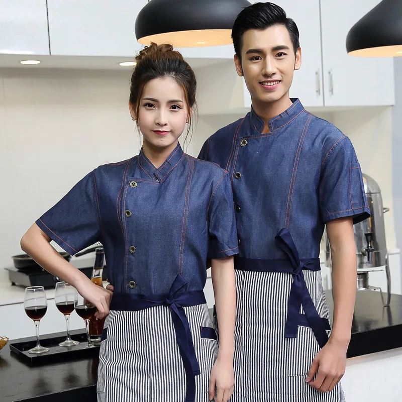 Short Sleeve Denim Restaurant Chef Jacket Blue Men Hotel Food Service