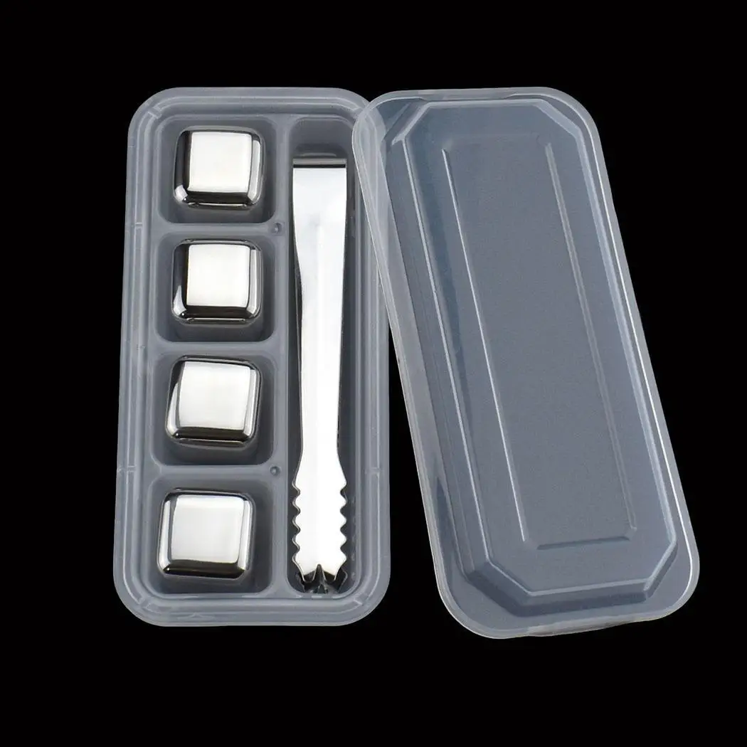 4pcs with clip Нержавеющая сталь кубики льда металлические коробка виски вино бар поставки Инструменты серебро лед для охлаждения кубики виски наборы для ухода за кожей Коробк - Цвет: 4pcs with clip