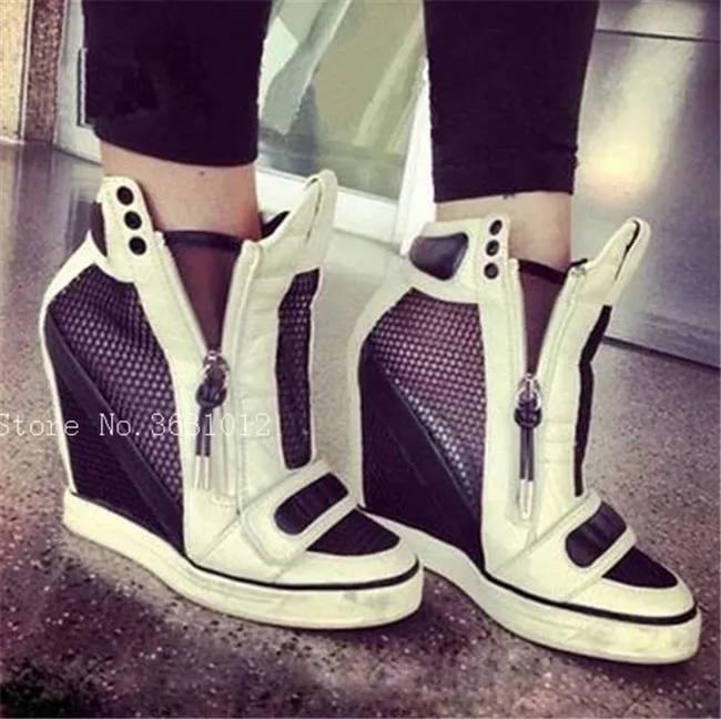 

2019 Fashion Platform Wedges Shoes Woman High Heel Shoes Women's Zip Patchwork Leather/Lace Mesh Height Increasing Casuals Shoes