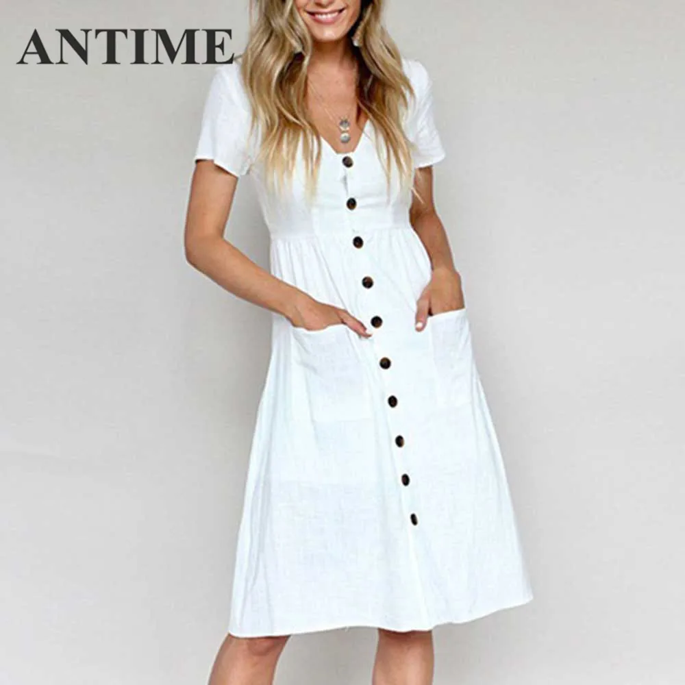 

ANTIME Midi Dress with Pockets V Neck Spring Summer A Line Dark Blue Short Sleeve Beach Casual Mid Buttons Women Pretty Dresses