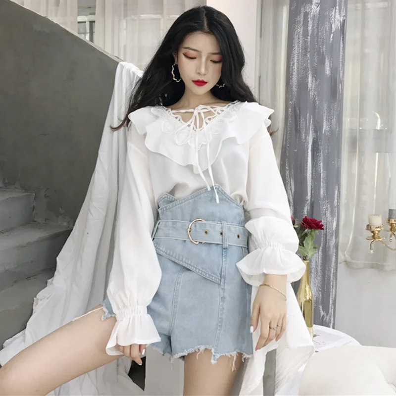 

Women's Clothing Autumn New Korea ulzzang Sweet Solid Blouses Lace V-neck Ruffles long Flare Sleeve loose Chic Ladies Shirts