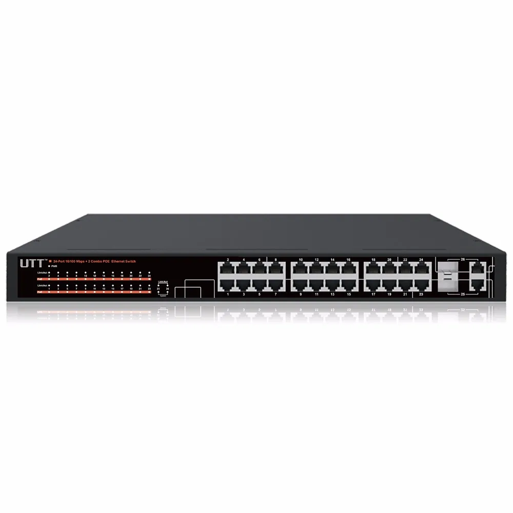 UTT S1242P 24-портов неуправляемый Fast ethernet POE коммутатор, 24 портов POE 260 Вт, 802.3af/at, плюс 2 GE Комбинированных Портов