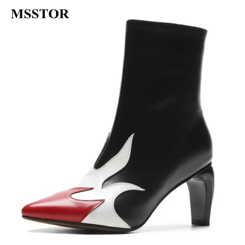 

MSSTOR Mixed Colors Sexy Ankle Boots Women Black Autumn Winter Party High Heels Boots Women Zipper Strange Style Leather Boots