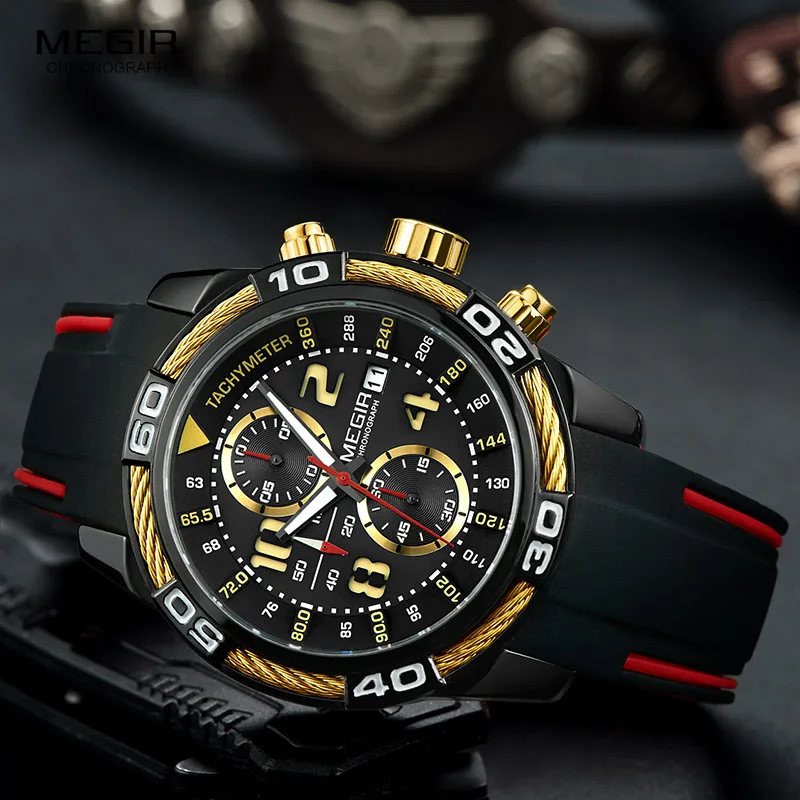 Billig Megir männer Sport Chronograph Quarz Handgelenk Uhren Wasserdicht Silikon Armee Racing Leucht Uhr Relojios Masculinos 2045 1N3