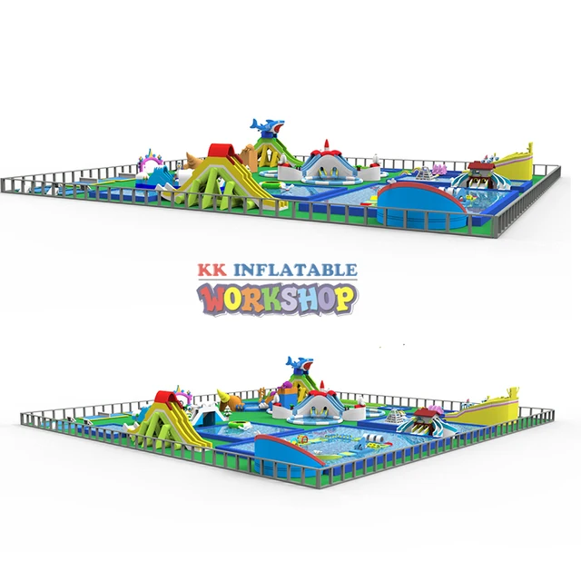 Large land mobile inflatable water park combination,water games,water Slide inflatable aqua amusement park for sale 2