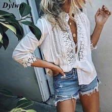 S-5XL Plus Size Women Blouse Long Sleeve Lace Hollow Tops Summer 2019 Ladies Casual Solid Patchwork Loose V-Neck Boho Shirt