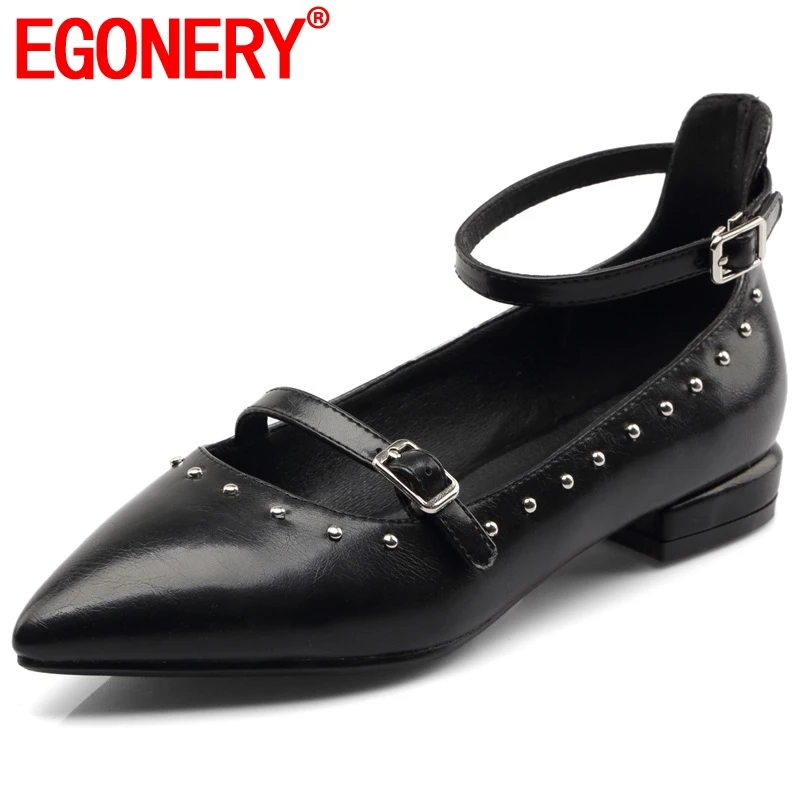 

EGONERY women punk style lady shoes pointed toe ankle buckle woman dress shoes 2 color plus size low heel rivet walking shoes
