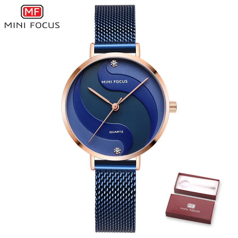 MINIFOCUS Watch Women Fashion Dress Quartz Watch Luxury Brand Ladies Full Steel Mesh Strap Waterproof Watches Female reloj mujer - Цвет: Blue