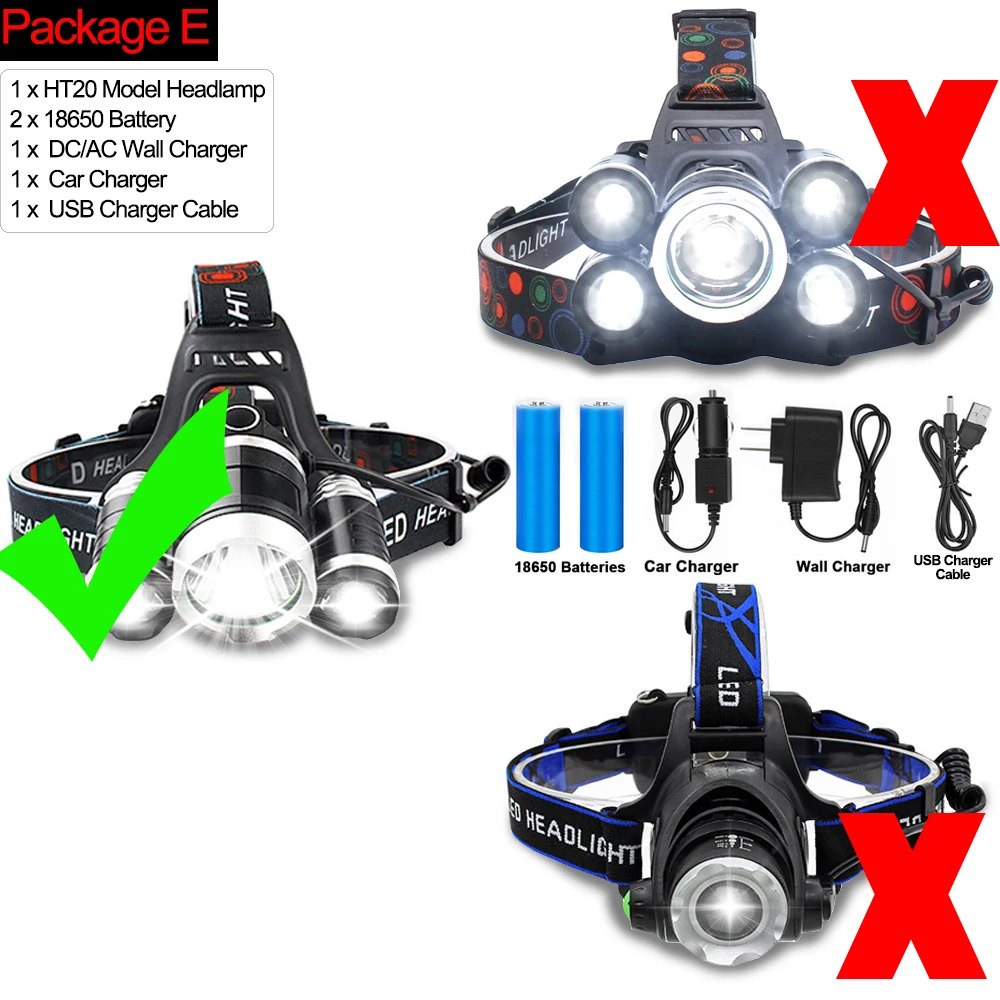 Мощный светодиодный налобный светильник, водонепроницаемый налобный фонарь T6, светодиодный налобный светильник, супер яркий налобный фонарь, налобный светильник с аккумулятором 18650 - Испускаемый цвет: Package E