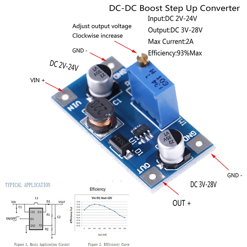 1 шт. повышающий преобразователь напряжения Мощность 2A DC-DC Boost поставить батарею 2 V-24 V постоянного тока до 3V 5V 6V 9V 12V 19V