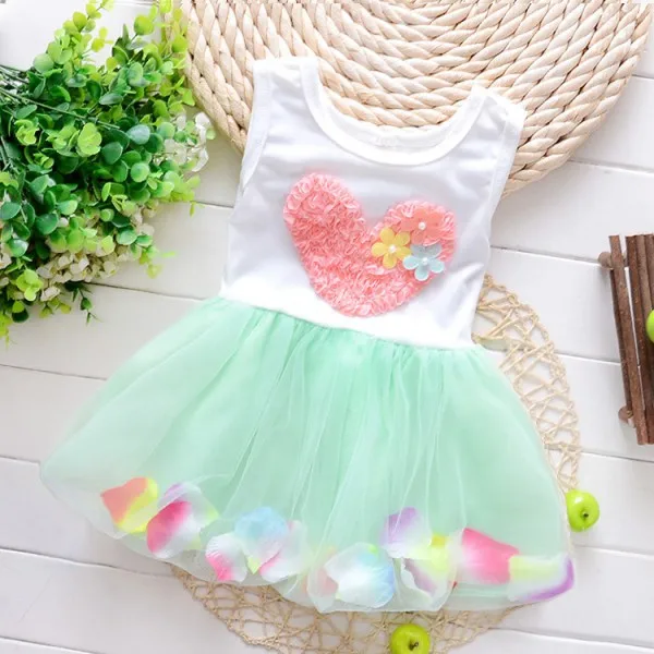 Летнее платье принцессы без рукавов с юбкой-пачкой; детское платье для маленьких девочек с милыми сердечками и цветами; розовое, зеленое, розовое платье для маленьких девочек От 1 до 4 лет - Цвет: Green