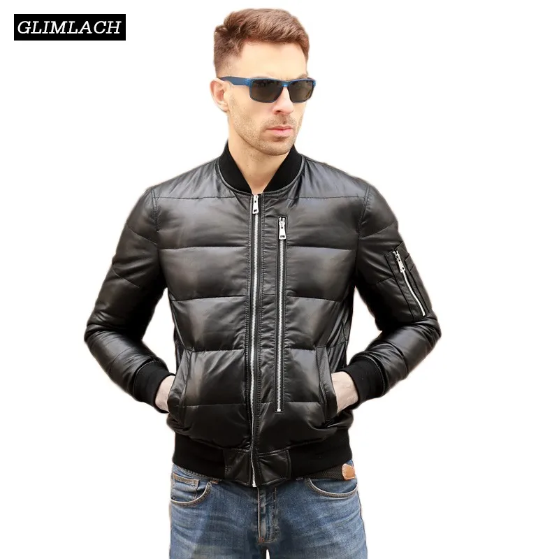 Men Winter Warm Black Genuine Leather Duck Down Flight Jackets Coats Large Size Real Leather Sheepskin Bomber Jackets Aviation