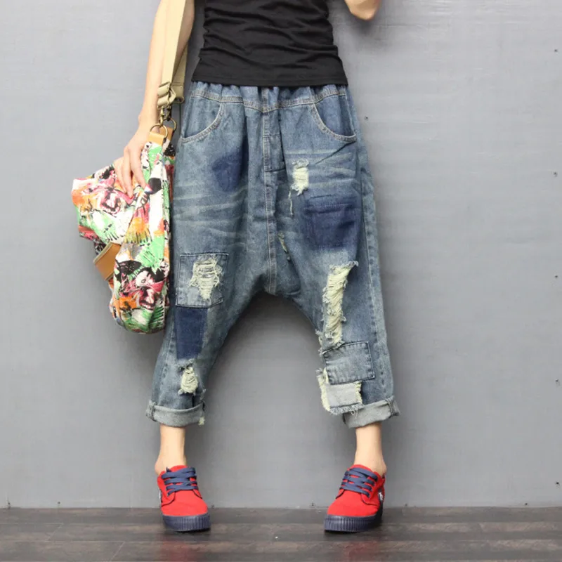 

Free Shipping 2019 New Fashion Ankle Length Pants For Women Denim Trousers Elastic Waist Casual Patchwork 3/4 Pants With Holes