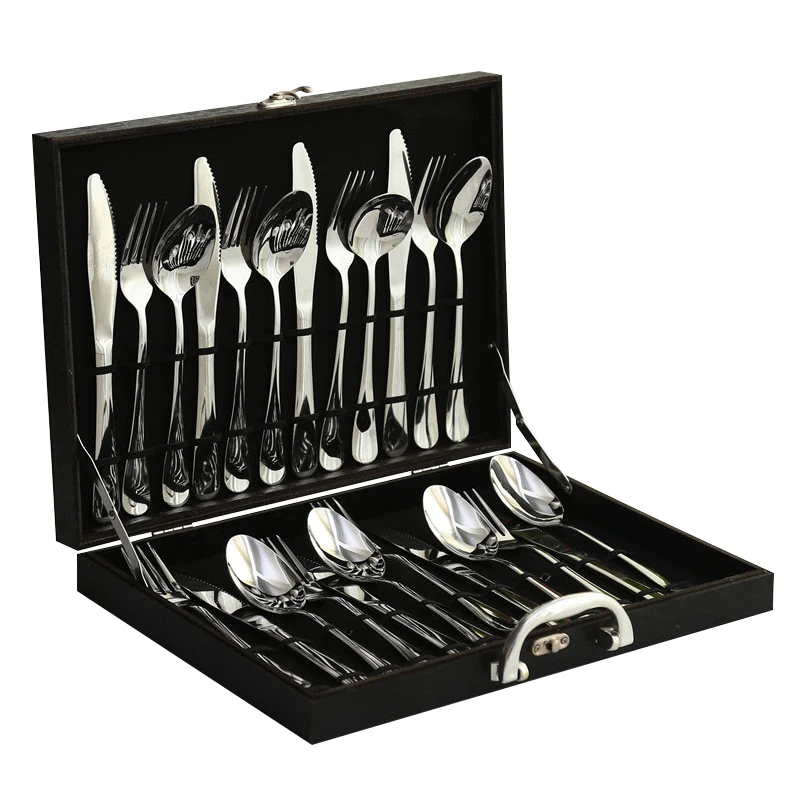 stainless steel cutlery set with wood box tableware set silver steak knife and fork spoon excellent SS dinnerware set gift stainless steel cutlery set with wood box tableware set silver steak knife and fork spoon excellent SS dinnerware set gift