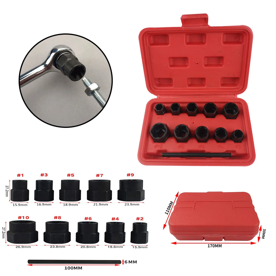 

11PCS Nut Bolt Removers Set 9-19mm Locking Wheel Bolt Nut Stud Extractor Twist Socket Set Threading Hand Tools Kit With Box Tool