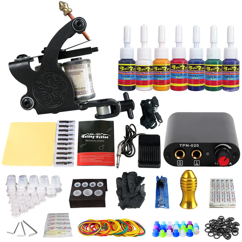 Stigma Tattoo 1 Professional Machine Gun Tattoo Kit Power Supply Clip Cord 7 color ink set TK105-80