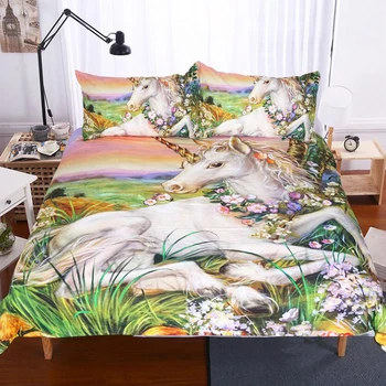 

White Unicorn printed bedding set Twin Full Queen King Sizes bed linens set polyester cartoon horse Duvet / Quilt cover set