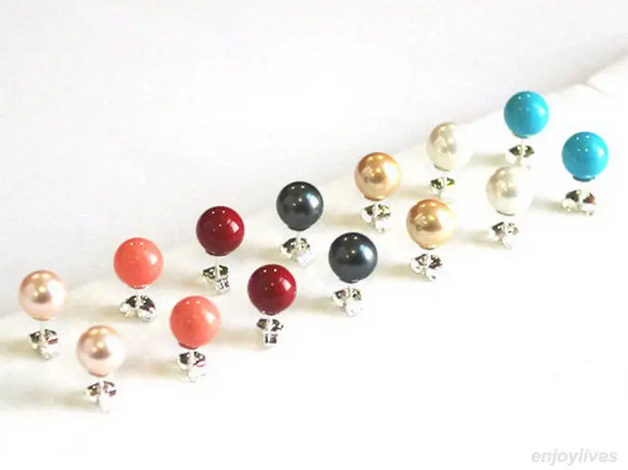 

Free shipping@ Pink Black White Yellow Shell Pearl Red Coral Turquoise 925 Silver Stud Earrings