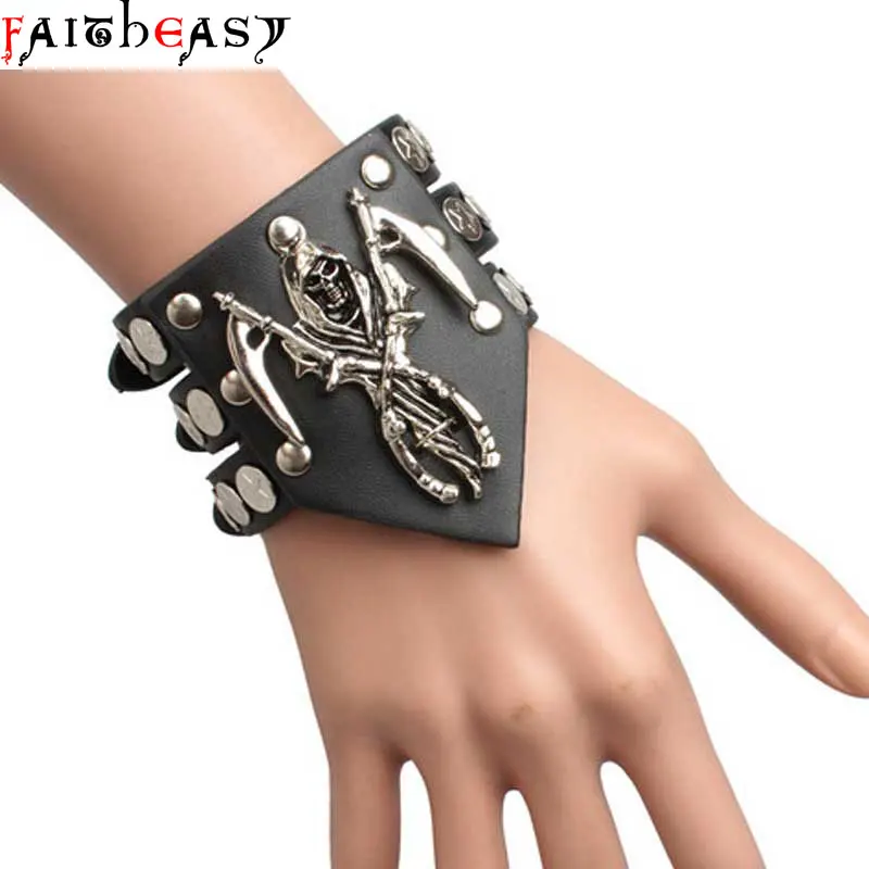 

Faitheasy Rock Spikes Rivet Gothic Skull Bracelet Black Leather Grim Reaper Punk Bangle For Men Cool Accessories Gifts Male