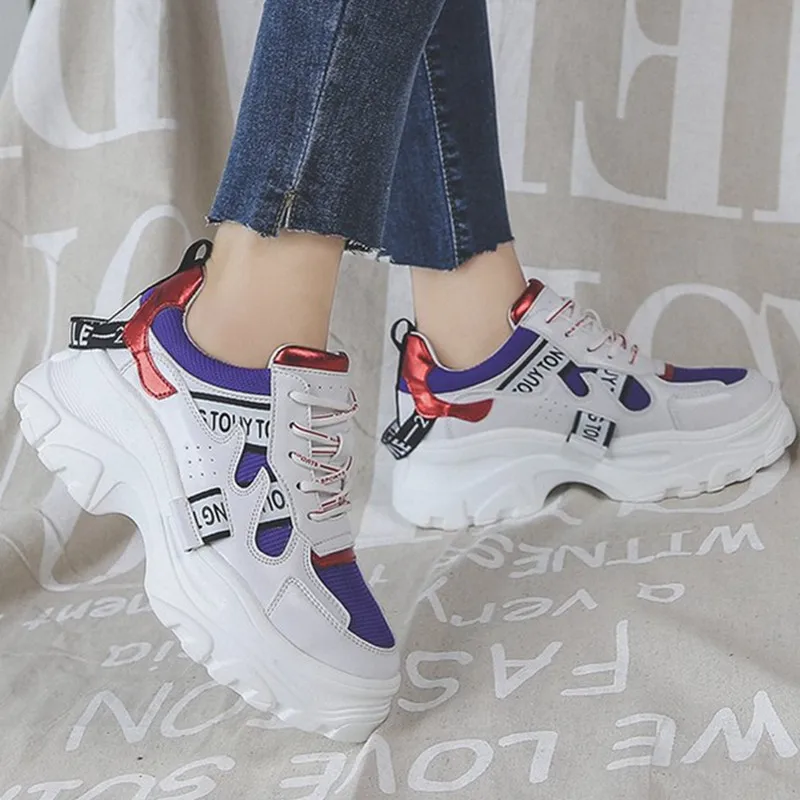 

Women's Platform Chunky Sneakers Leather black Flat Thick Sole Shoes Ladies Dad Footwear White Sneakers Soft Woman Shoes D023w