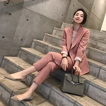Женский комплект из 2 предметов, короткий розовый однотонный блейзер+ штаны с высокой талией, офисный женский пиджак, брючные костюмы, корейские костюмы для женщин