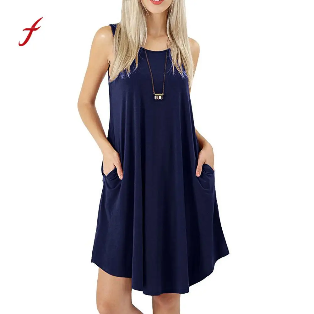 

Feitong Sexy Women Dress 2018 Summer Women Sleeveless Dress Pockets Casual Swing Dresses Women Beach Wear Loose Dress /PY