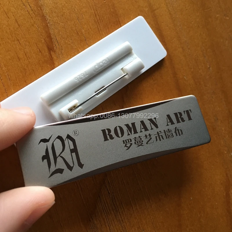 

10pcs custom id badge holder 70*20mm name tags laser staff name badge pin with stainless steel and acrylic plate