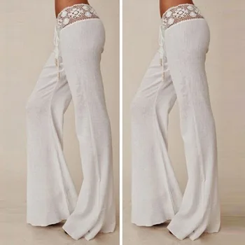 

Fashion Women Elastic Lace Waist Pants Wide Leg Summer Beach Loose Long Trousers Plus Size Pantalon Femme