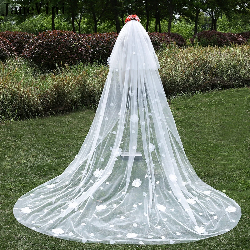 JaneVini Romantic Cathedral Long Wedding Veil with Comb Two Layer Hand Made Flowers Tulle White Bridal Veils Accessories | Свадьбы и