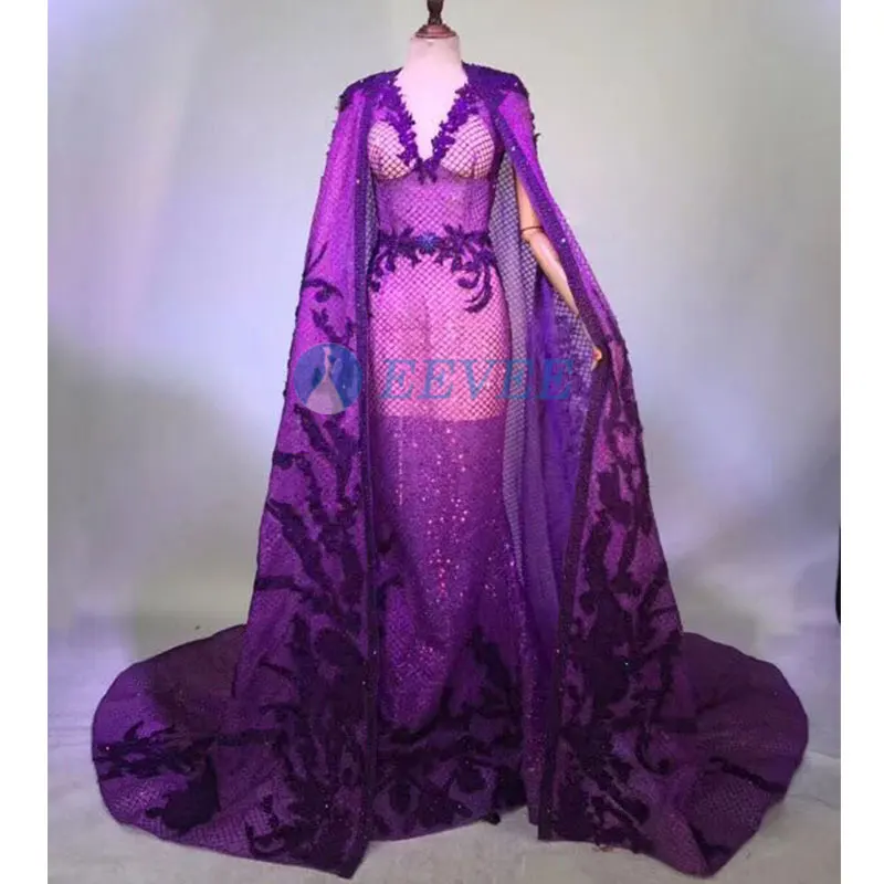 

purple Plaid Sequins Evening Dress Perspective Long shawl tail Long Dresses Female Singer Mesh Stage Wear Costume Nightclub Show