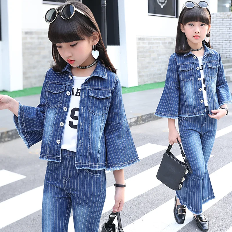 

Spring Autumn Girls Clothing Sets Denim 2pcs Fashion Horn Sleeve Kids Girls Striped Clothes Set Casual Children Clothing Sets