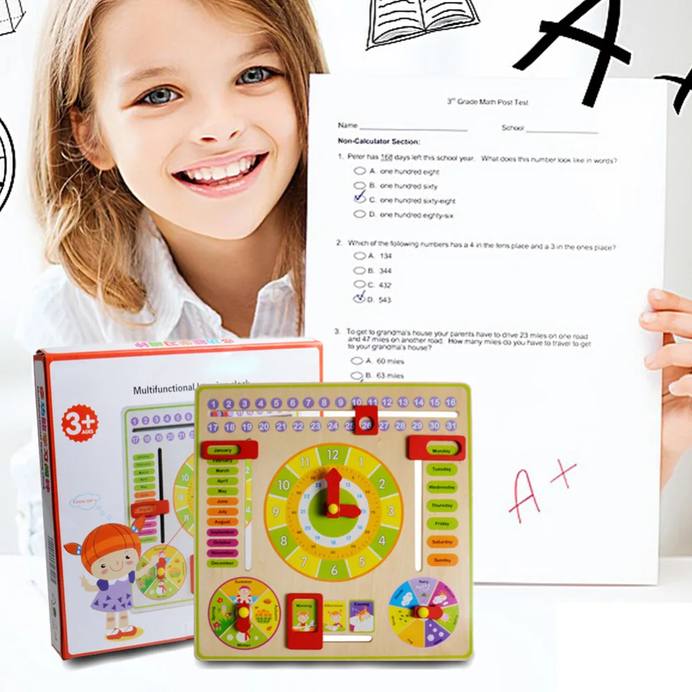 

Calendar Clock Puzzle Hanging Wooden puzzle Board Children Kids Early Education Toy Learn Time Season Weather Month