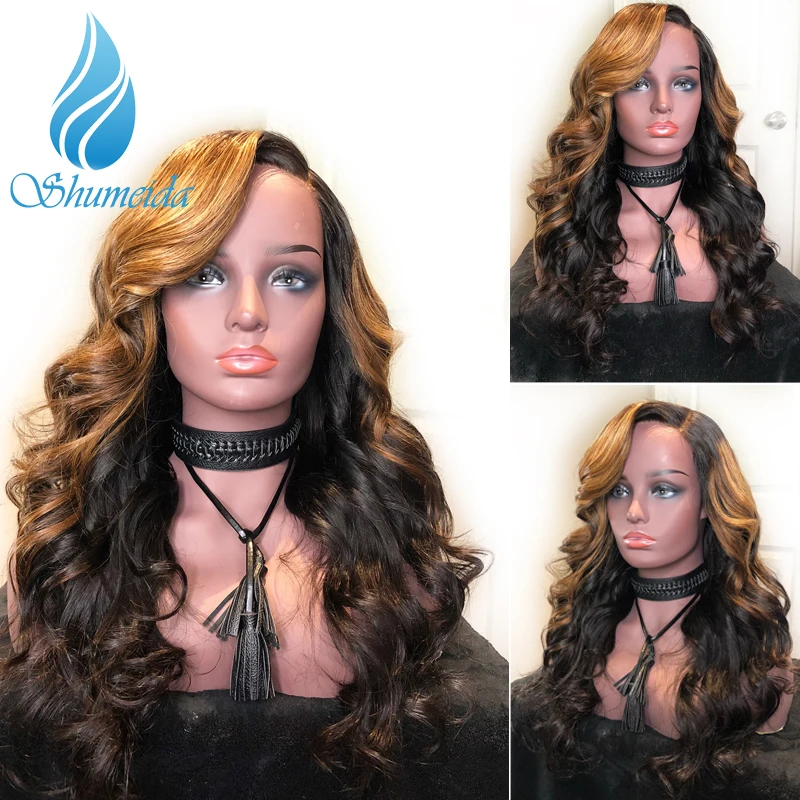 SHUMEIDA 180% D Glueless полные парики шнурка Выделите коричневый цвет человеческих волос