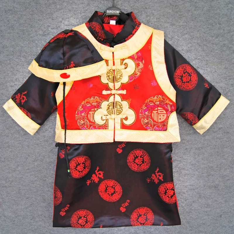 Goedkoop Katoen 3 stuks Nieuwe Jaar Kleding Set voor Baby Jongens Lange Mouwen Gown + Vest + Hoed Jongen kinderen tang Pak Chinese Traditionele Kostuums
