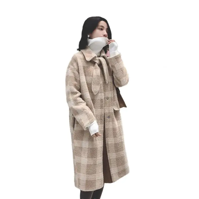 

Women New Autumn Winter Real Mink Cashmere Coat Female Thicken Warm Elegant Plaid Overcoats Lady Casual Slim Cashmere Coats V523