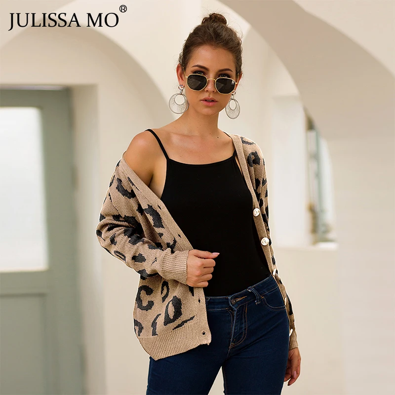 

JULISSA MO Vintage Leopard Print Knitted Cardigan 2019 Autumn Winter Warm Sweater Coats Female Casual Single Breasted Jumper Top