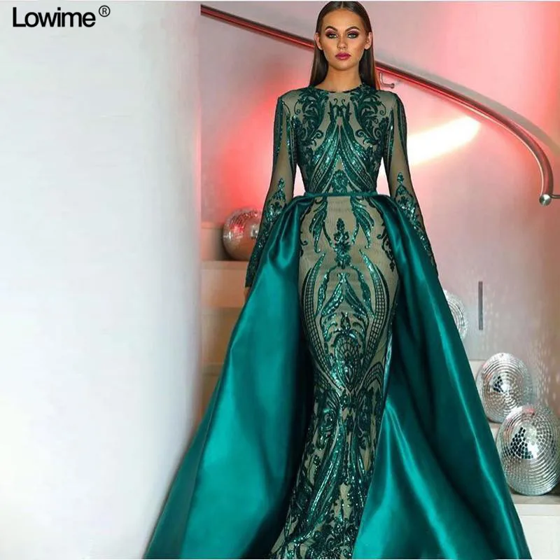Зеленый Элегантный мусульманская одежда с длинным рукавом Вечерние платья 2018 со съемным Поезд блестками ткань Moroccan кафтан формальный
