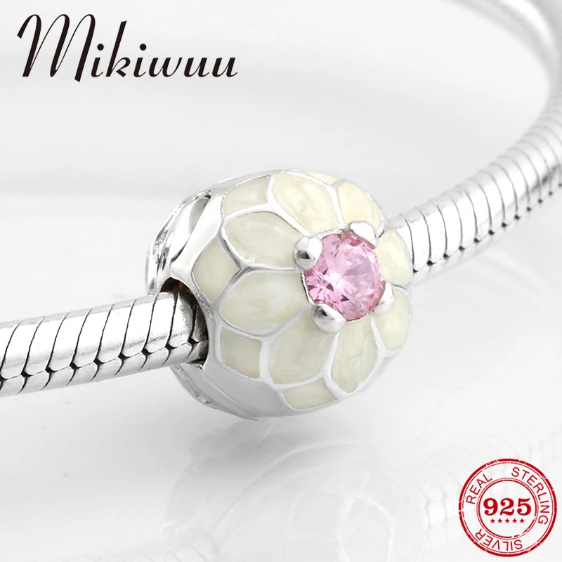 

925 Sterling Silver DIY pink CZ Enamel lotus clip lock round Beads Fit Original Pandora Charm Bracelet Jewelry making