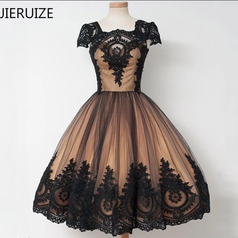 JIERUIZE, черные вечерние платья с кружевной аппликацией и длиной до середины икры, бальное платье с рукавами-крылышками, платья для матери невесты, вечерние платья - Цвет: Черный