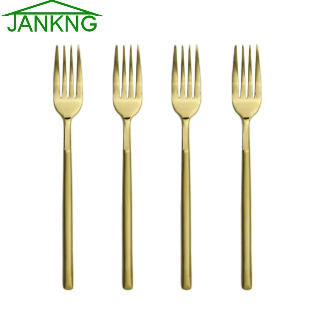 JANKNG 4 Pcs/Lot Heavy Duty Dinner Fork Flatware Set Gold Stainless