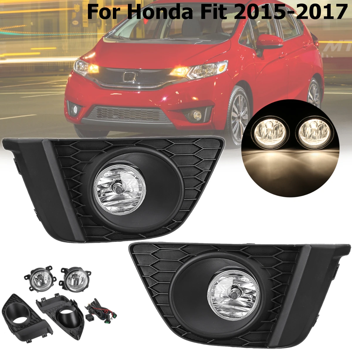 

1Pair Right and Left Bumper Clear Lens Headlamp Lens Switch + Fog Driving Light Lamp w Bulbs for Honda Fit 2015 2016 2017